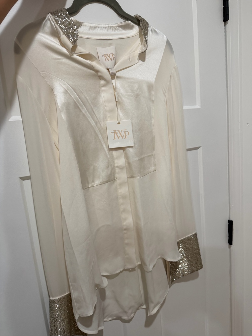 TWP Cream Satin Button-Down Shirt with Sequin Trim